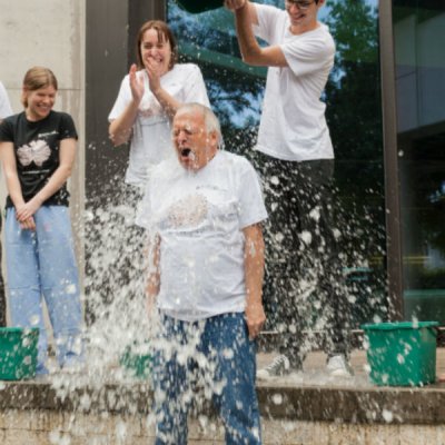 UQ’s Queensland Brain Institute director Professor Perry Bartlett is drenched with a bucket of iced water to raise awareness about motor neuron disease research.